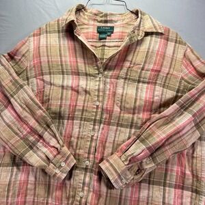 Lauren Ralph Lauren Shirt Womens Plus 2X Multicolor Pure Linen Button Preppy
